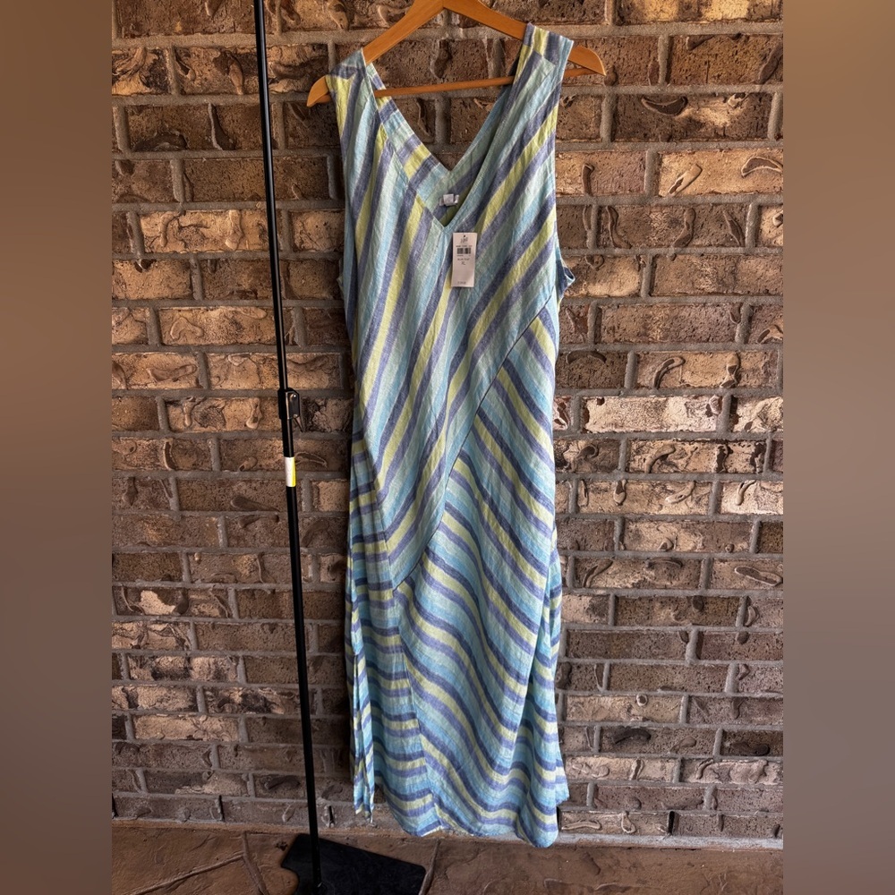 J Jill Love Linen Lotus Maxi Dress size XL Striped Blue Green Lined - Picture 4 of 16